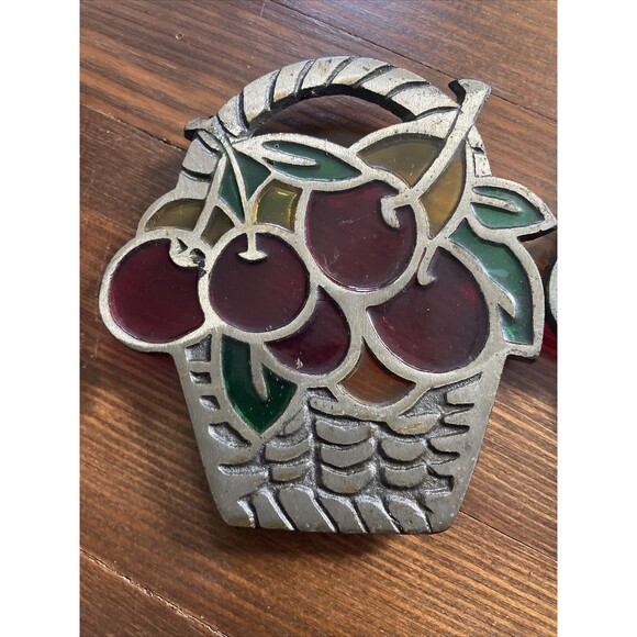 2 Vintage Stained Glass Cast Iron Metal Trivet Cherries in a Basket 5.5" Lot - Picture 2 of 10